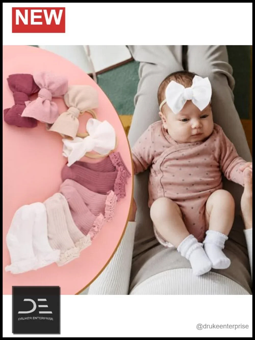 Baby Girl Headband & Non-Slip Socks Set 8pc Cute Bow Design 0-12 Months